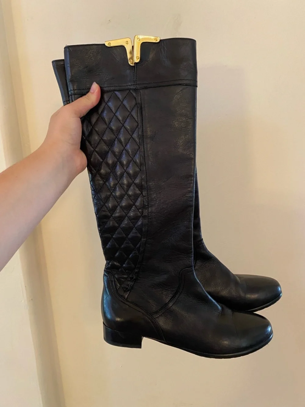 Napoleoni Italian Black Leather Quilted Knee High Boots Size 37